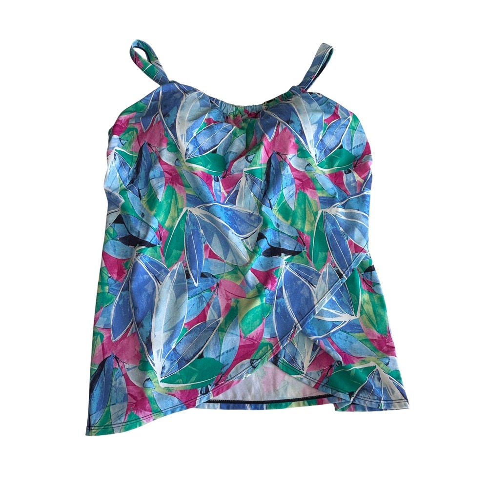 Denim & Co Beach Tankini Top 18W Blue Pink Green Tropical Leaf Crossover Hem